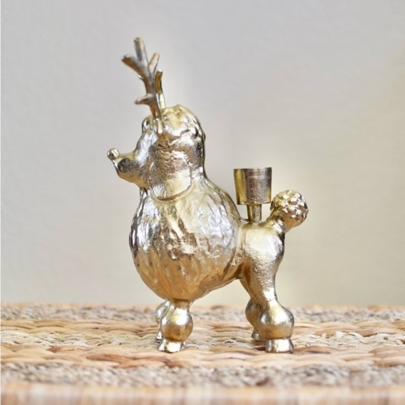 Gold Metal Poodle With Antlers Candle Stick Holder Opalhouse Poodle Dog Reindeer - Picture 1 of 5